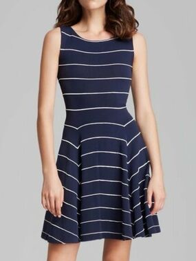 ALICE + OLIVIA Bolton Ottoman Fit Flare Mini Dress Navy Pinstripe Sleeveless S